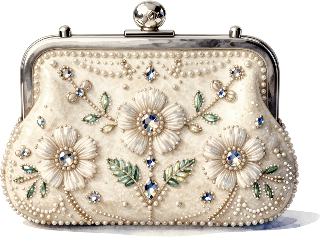 Dazzling White Purse featuring pearl flowers and sparkling gems, an opulent PNG for women’s glamorous clipart