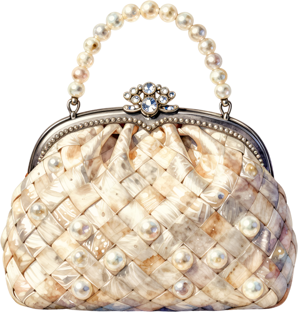 Unique Woven Clutch crafted with shimmering mother-of-pearl and pearls, a stunning PNG for women’s luxury clipart