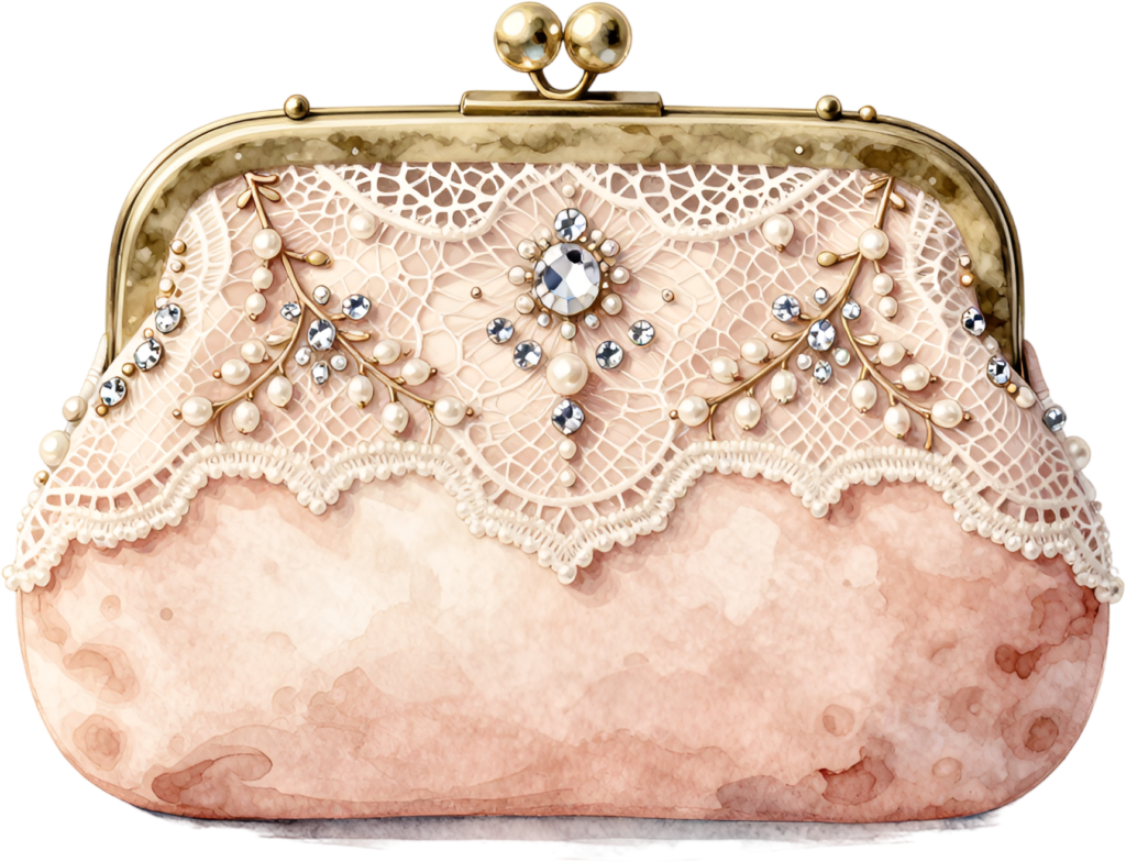 Delicate Pink Clutch adorned with lace, pearls, and sparkling jewels, a romantic PNG for women’s elegant clipart