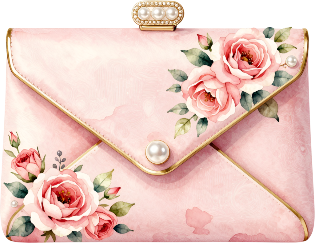Whimsical Envelope Clutch embellished with pink roses and pearls, an ideal PNG for women’s romantic floral clipart