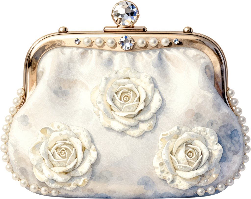 Classic Ivory Clutch featuring 3D rose appliques and pearl trim, a timeless PNG for women’s bridal clipart