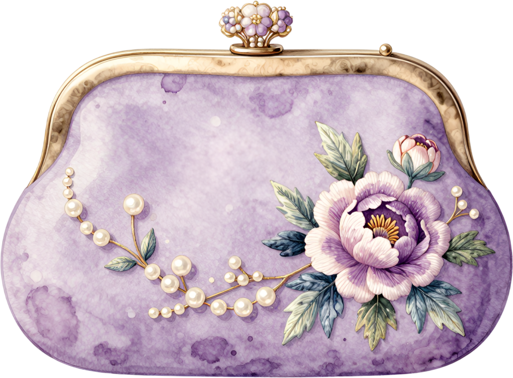 Artistic Purple Clutch displaying a beautiful peony and pearl branch, a captivating PNG for women’s unique clipart