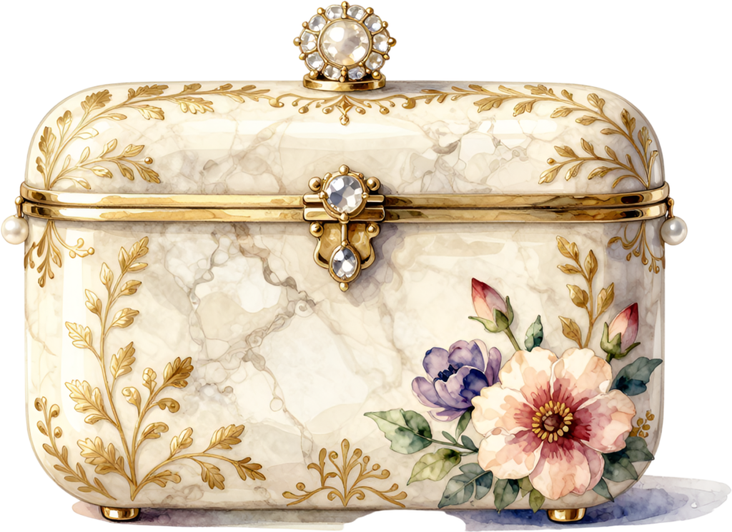 Exquisite Box Clutch designed with marble texture and golden floral motifs, a luxury PNG for women’s elegant clipart
