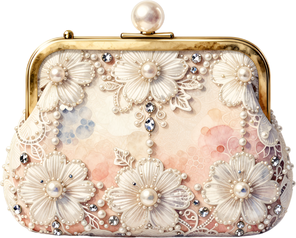 Lavish Evening Bag adorned with intricate pearl flowers and sparkling gems, a grand PNG for women’s gala clipart