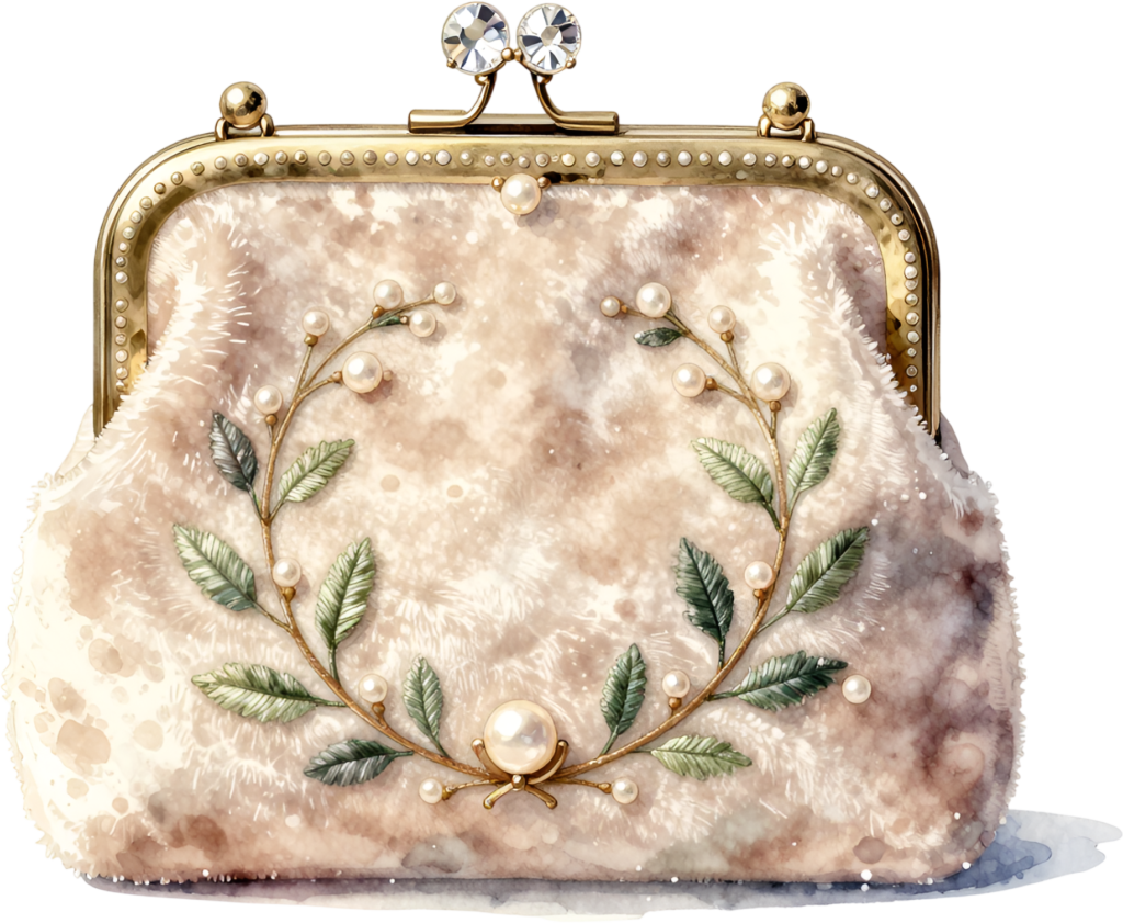 Soft Faux Fur Clutch featuring a delicate pearl and leaf wreath, a cozy PNG for women’s winter clipart