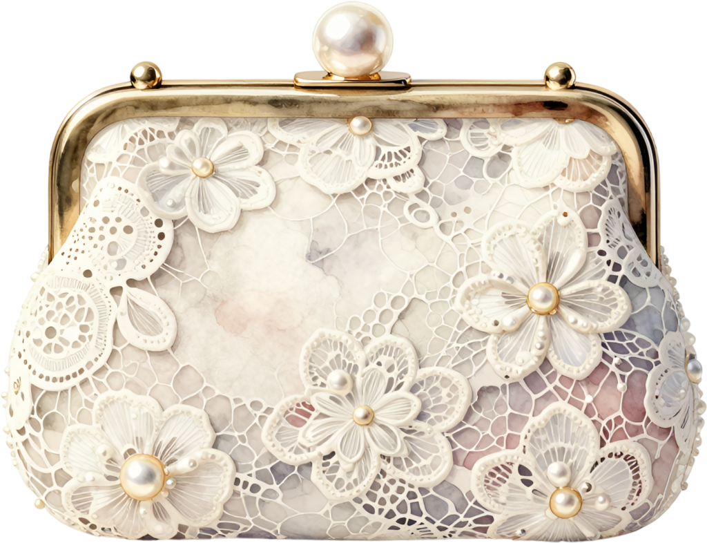Elegant Lace Clutch showcasing beautiful pearl-centered flowers, a sophisticated PNG for women’s wedding clipart