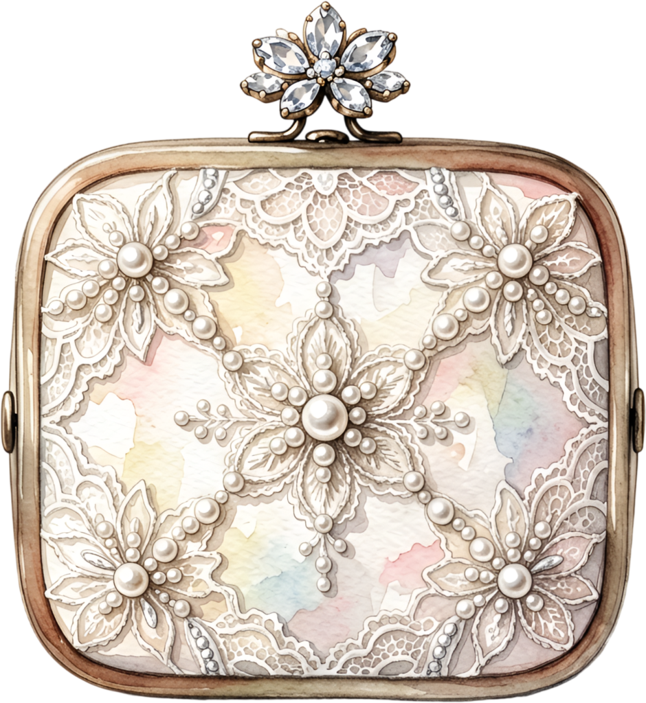 Pastel Quilted Clutch with a pearl and lace diamond pattern, a charming PNG for women’s decorative clipart