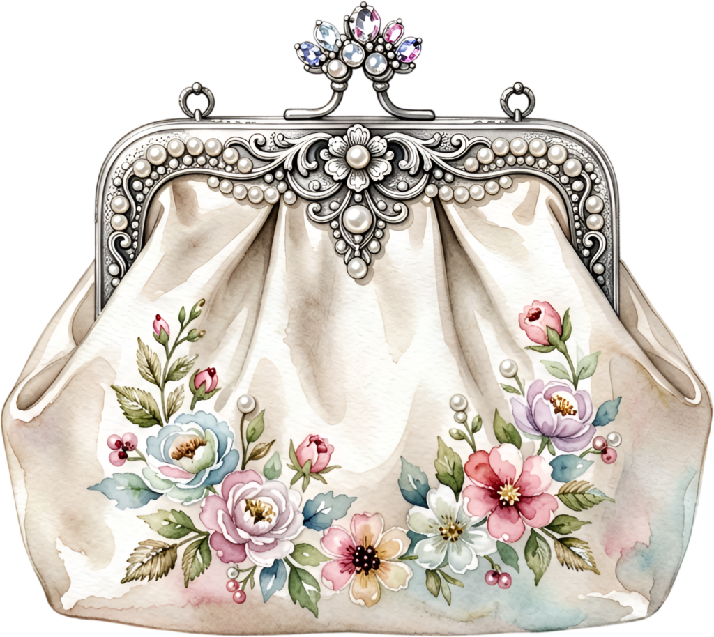 Vintage Silk Purse embellished with a colorful floral bouquet and pearls, a delightful PNG for women’s classic clipart