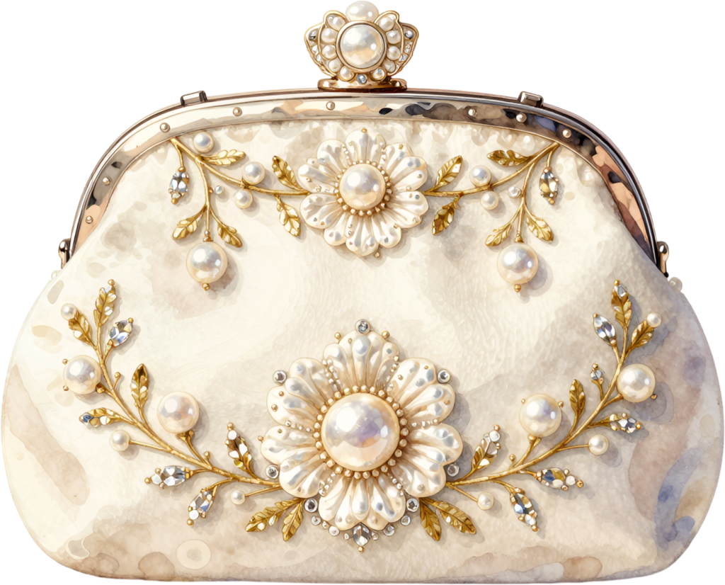 Glittering Pearl Clutch adorned with a grand floral medallion, a dazzling PNG for women’s opulent accessory clipart
