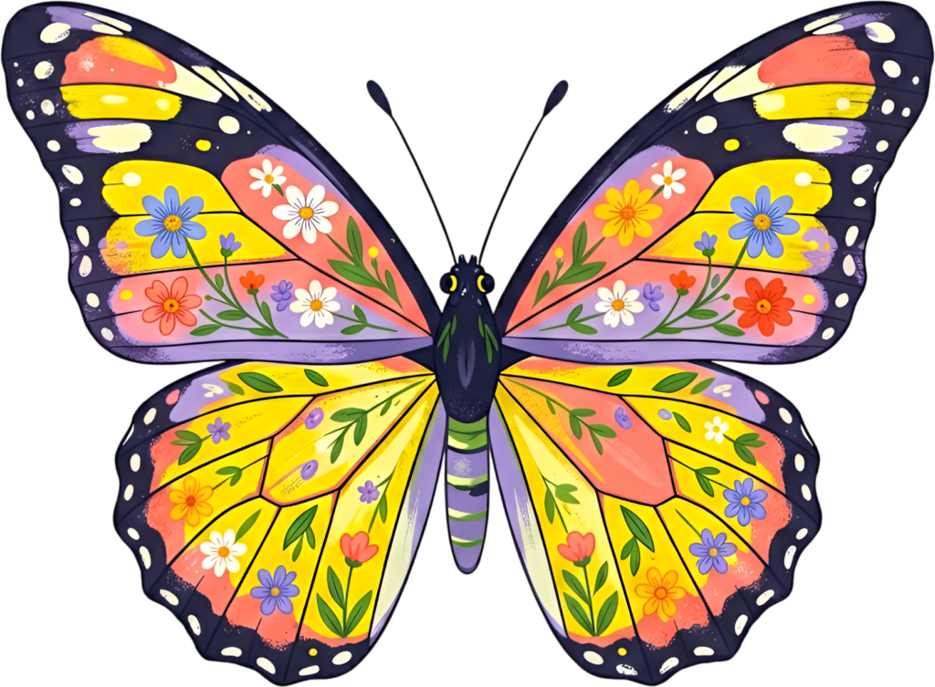 Colorful floral butterfly features whimsical garden blooms, a vibrant digital PNG clipart asset download,