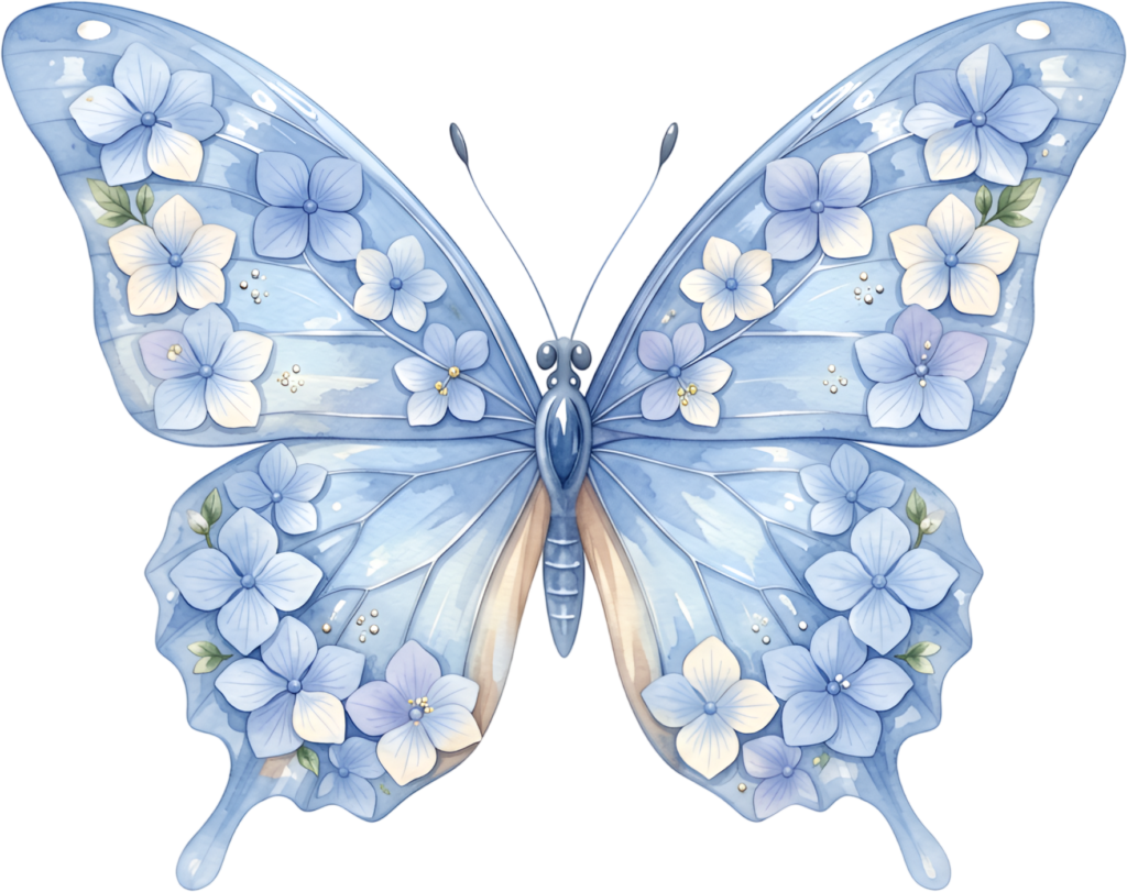 Delicate watercolor butterfly showcases soft blue hydrangea blooms, a beautiful artistic PNG clipart image,