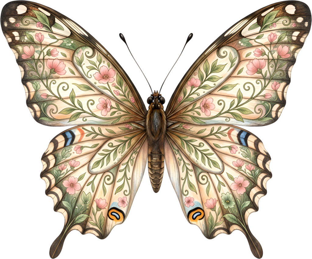 Vintage botanical butterfly displays intricate pink floral vines, an elegant antique style PNG clipart,