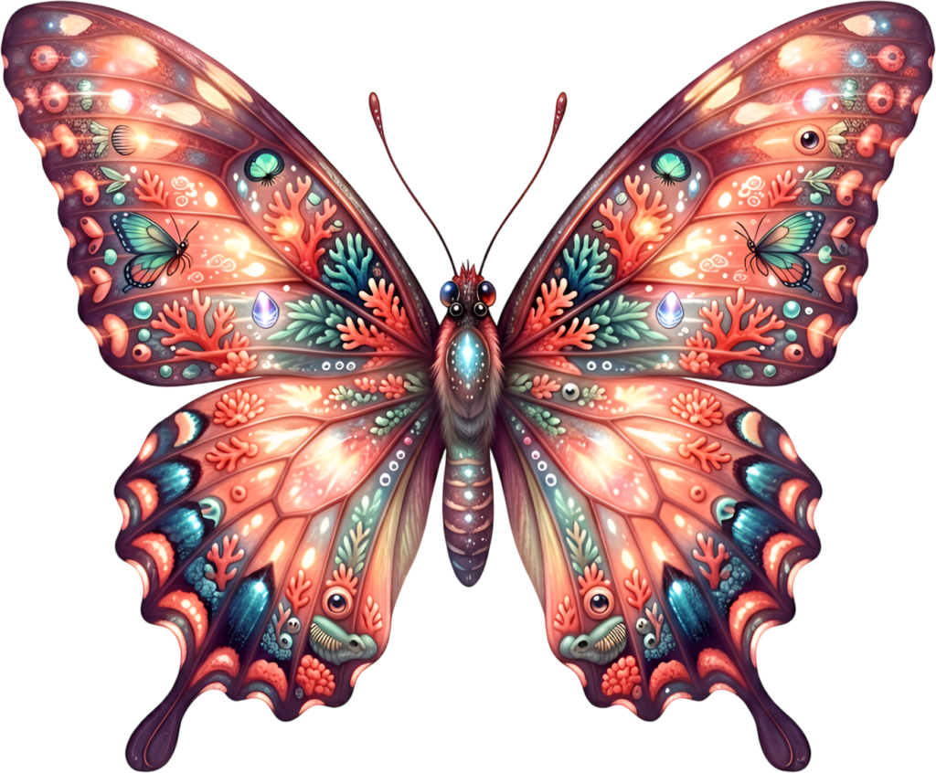 Fantasy deep-sea butterfly reveals glowing coral reef elements, a magical underwater PNG clipart graphic,