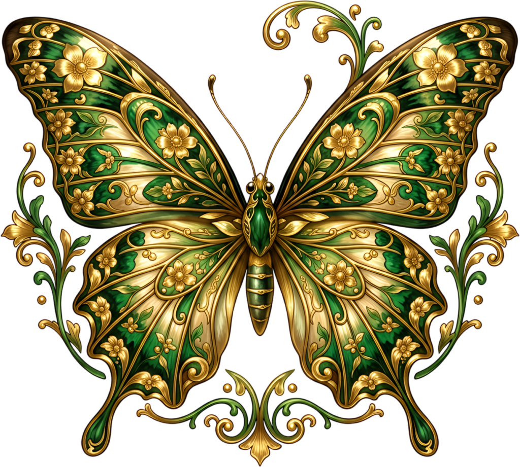Regal emerald butterfly is adorned with opulent gold flourishes, a luxurious decorative PNG clipart asset,