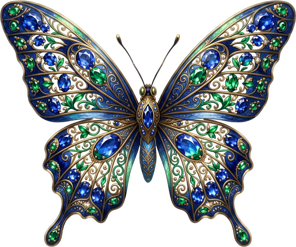 Glamorous jeweled butterfly shines with sapphire and emerald gems, a sparkling luxury PNG clipart image,