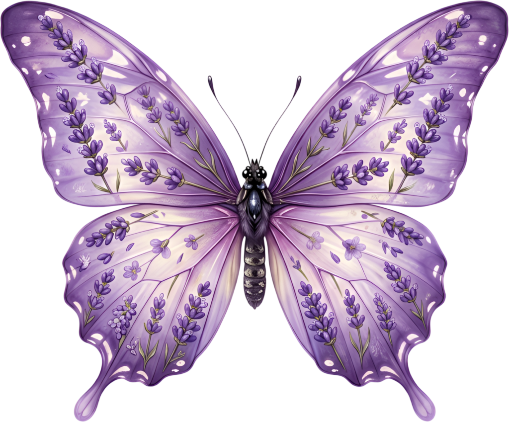 Serene lavender butterfly exhibits delicate sprigs on its wings, a calming botanical PNG clipart download,