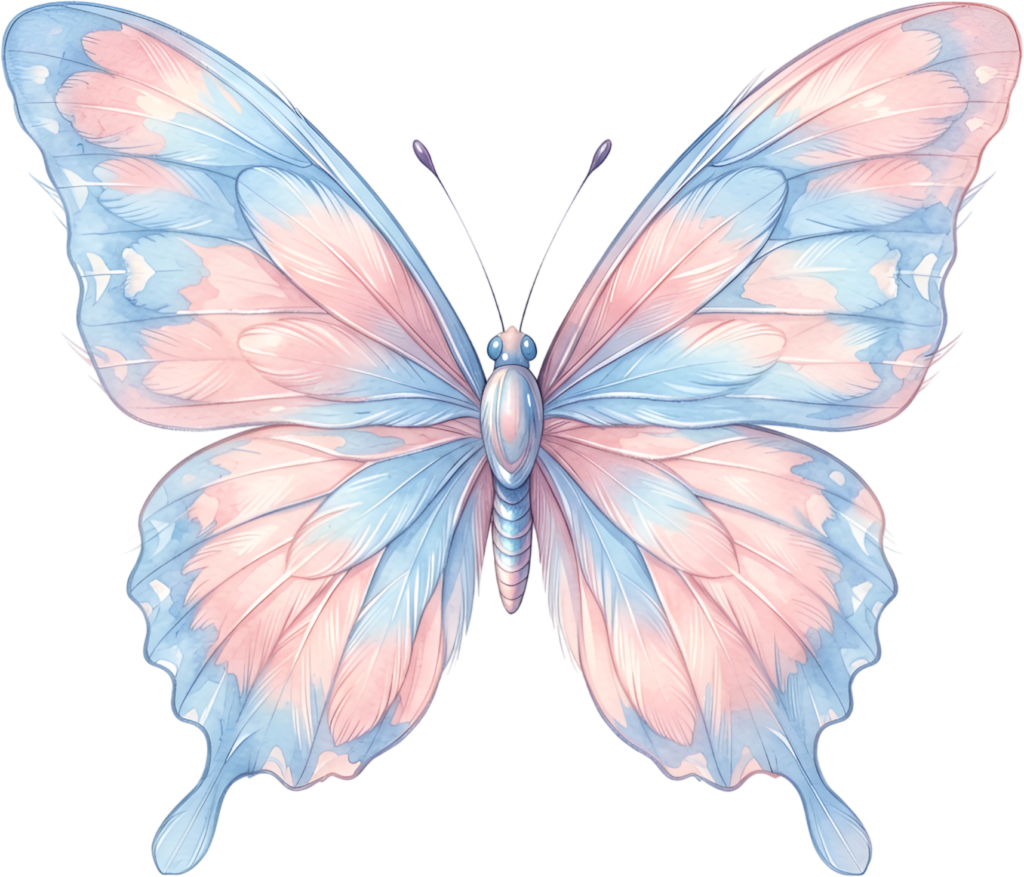 Ethereal feathered butterfly features soft pastel pink and blue, a dreamy watercolor PNG clipart graphic,