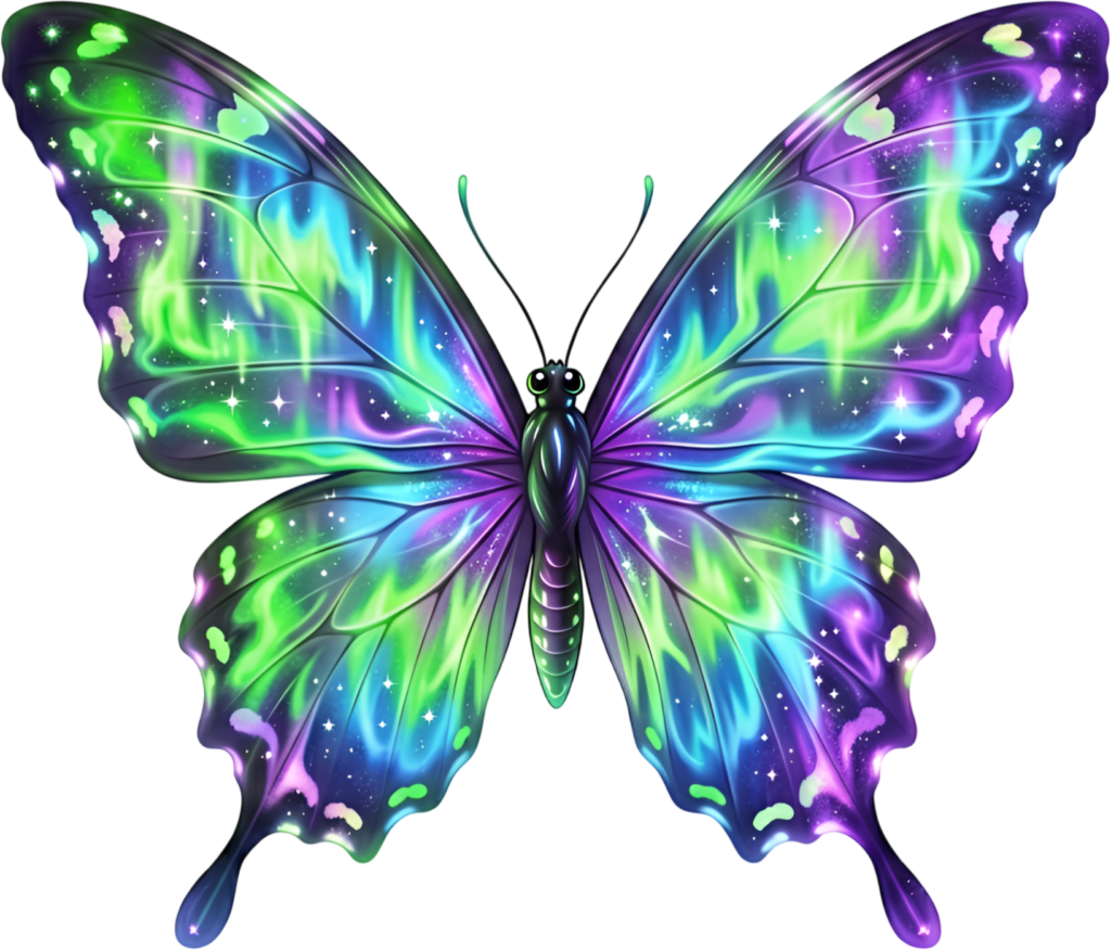 Celestial aurora butterfly illuminates with vibrant northern lights patterns, a magical iridescent PNG clipart,