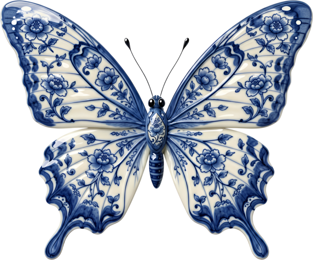 Elegant Chinoiserie butterfly presents blue and white porcelain patterns, a delicate cultural PNG clipart,