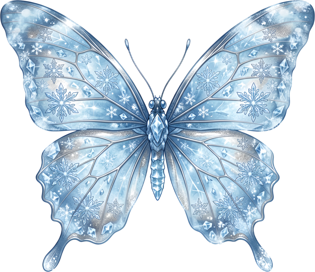 Icy crystal butterfly is adorned with sparkling snowflakes, a beautiful winter wonderland PNG clipart asset,