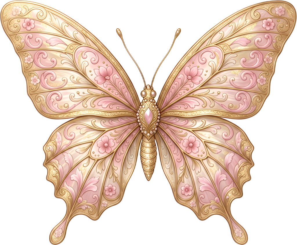 Opulent golden butterfly highlights intricate pink floral filigree, a luxurious ornate PNG clipart design,