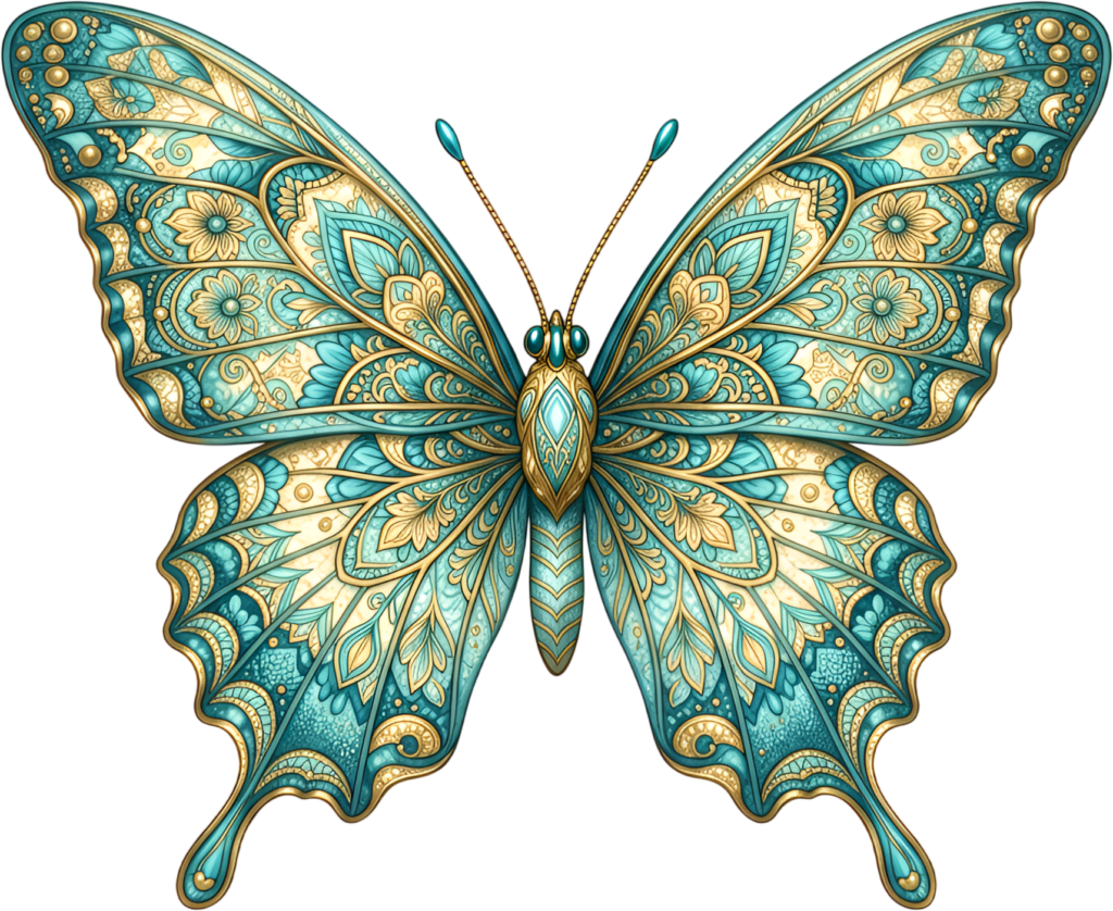Mandala teal butterfly features intricate gold ethnic patterns, a decorative spiritual PNG clipart graphic,
