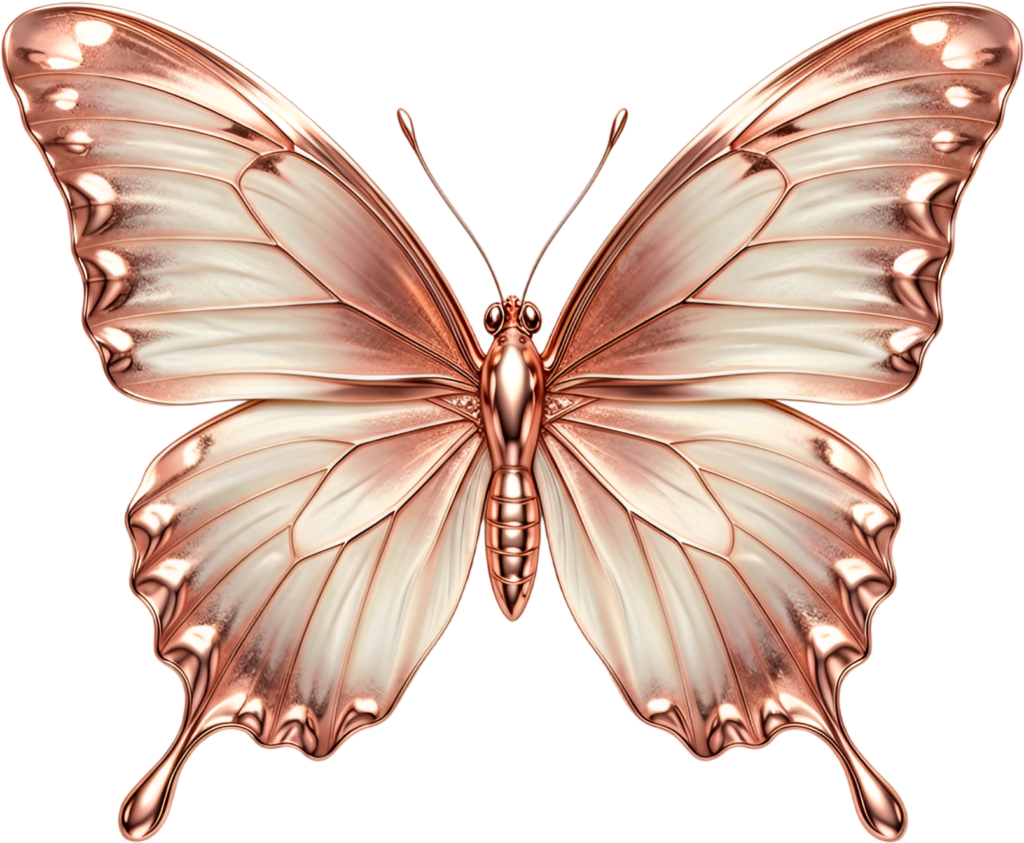 Modern rose gold butterfly offers sleek metallic wings, an elegant minimalist fashion PNG clipart element,