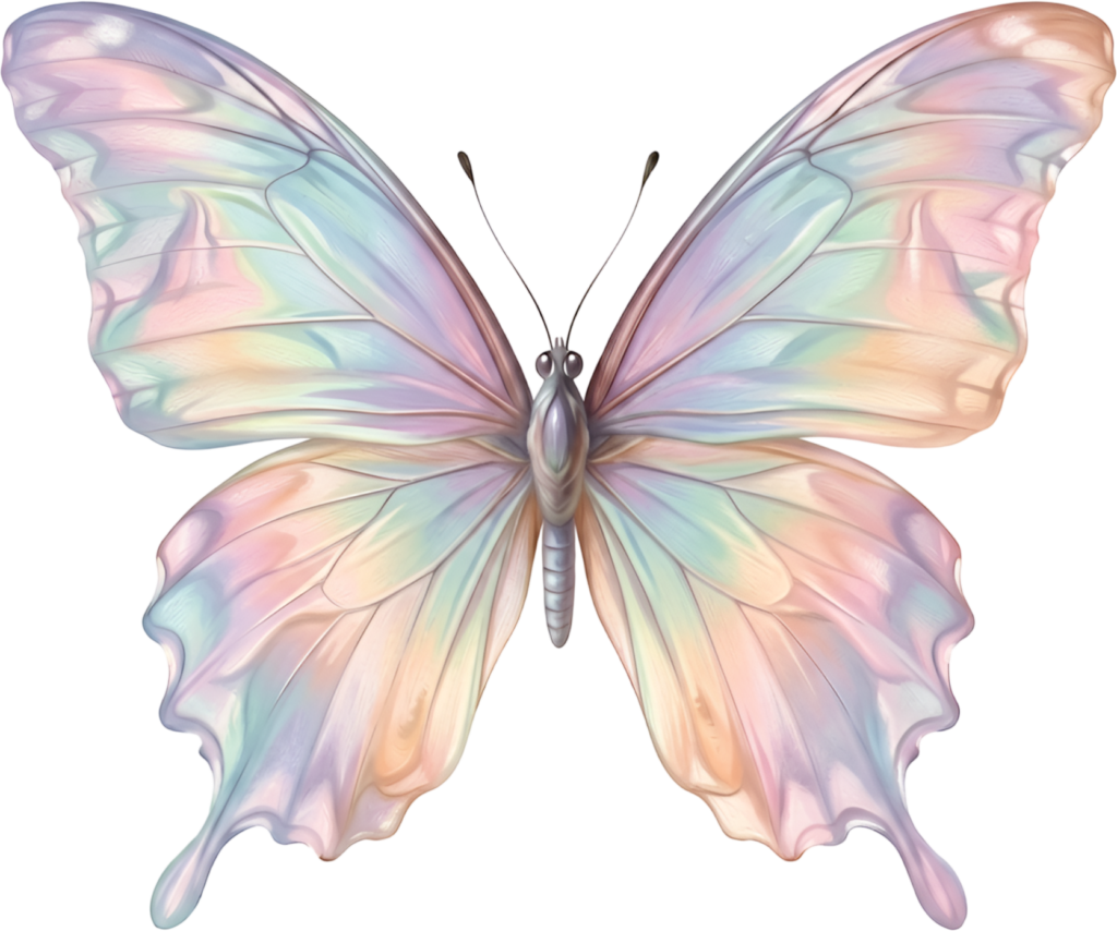 Iridescent pastel butterfly shimmers with soft rainbow hues, a dreamy holographic PNG clipart illustration,