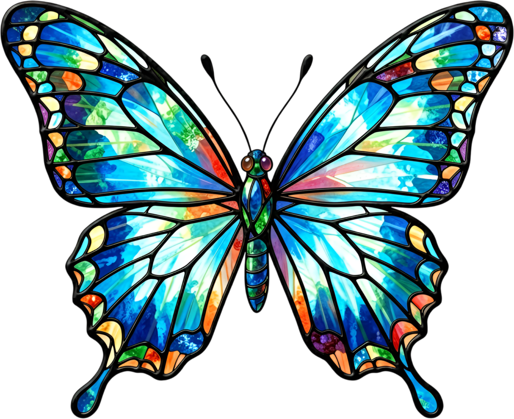 Stained glass butterfly illuminates with vibrant multi-colored segments, an artistic mosaic PNG clipart image,
