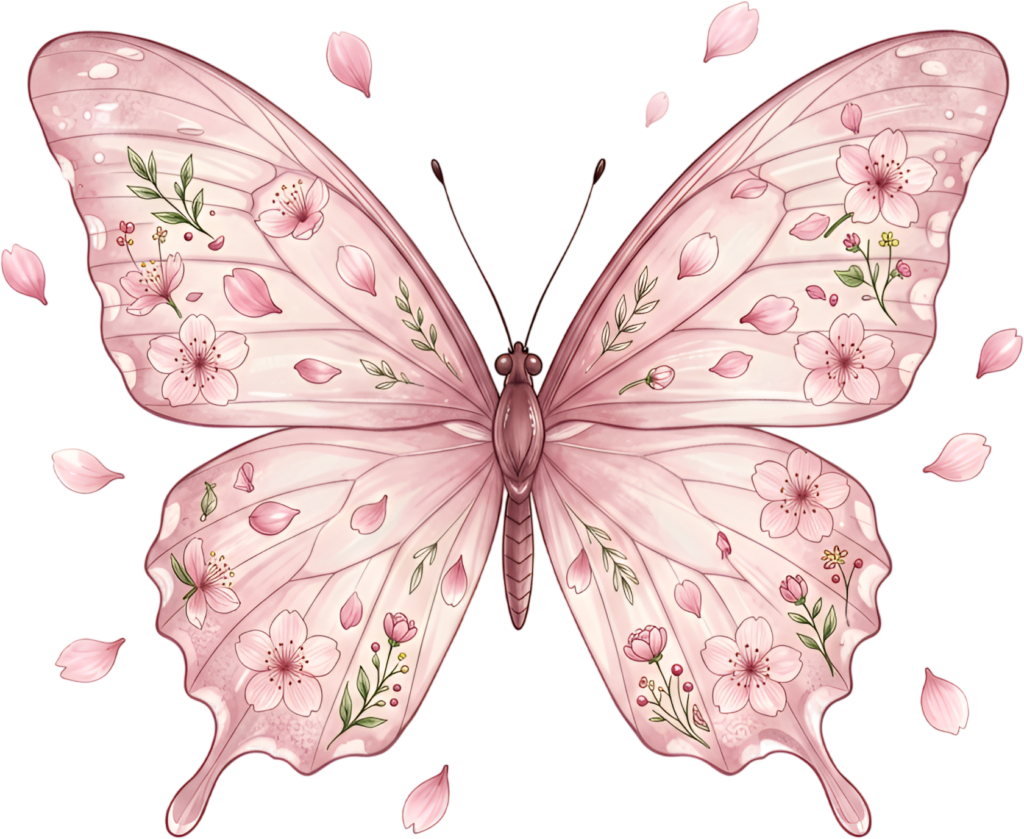 Delicate cherry blossom butterfly flutters with pink petals, a charming springtime PNG clipart graphic,
