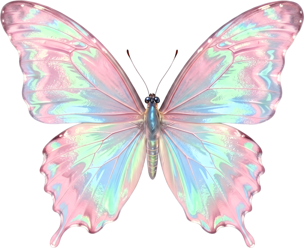Holographic iridescent butterfly captivates with shimmering pastel colors, a magical modern PNG clipart,