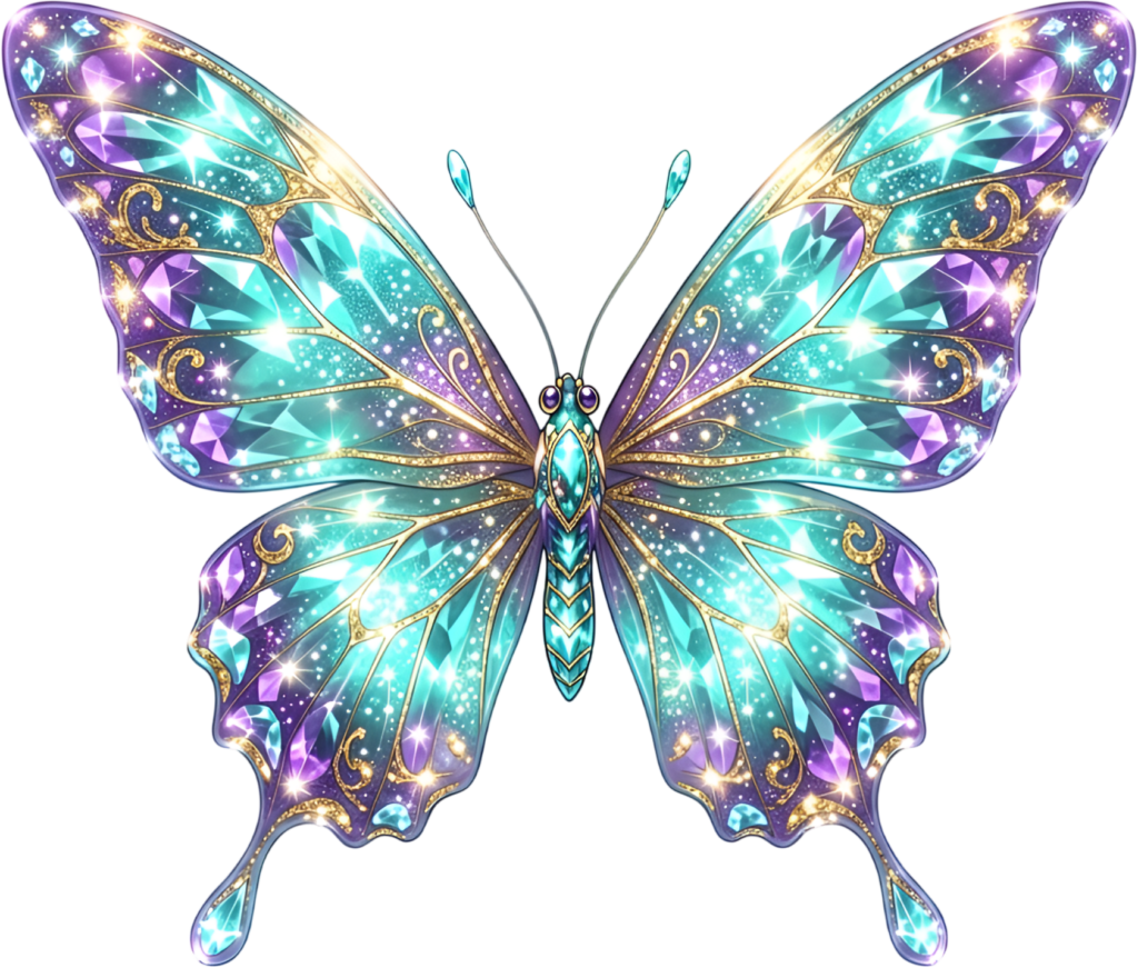 Sparkling gemstone butterfly dazzles with turquoise and purple jewels, a luxurious fantasy PNG clipart asset,