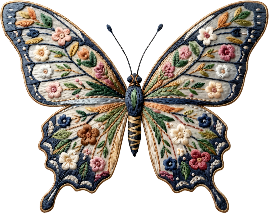 Artisan embroidered butterfly showcases beautiful floral threadwork, a charming textile PNG clipart design,