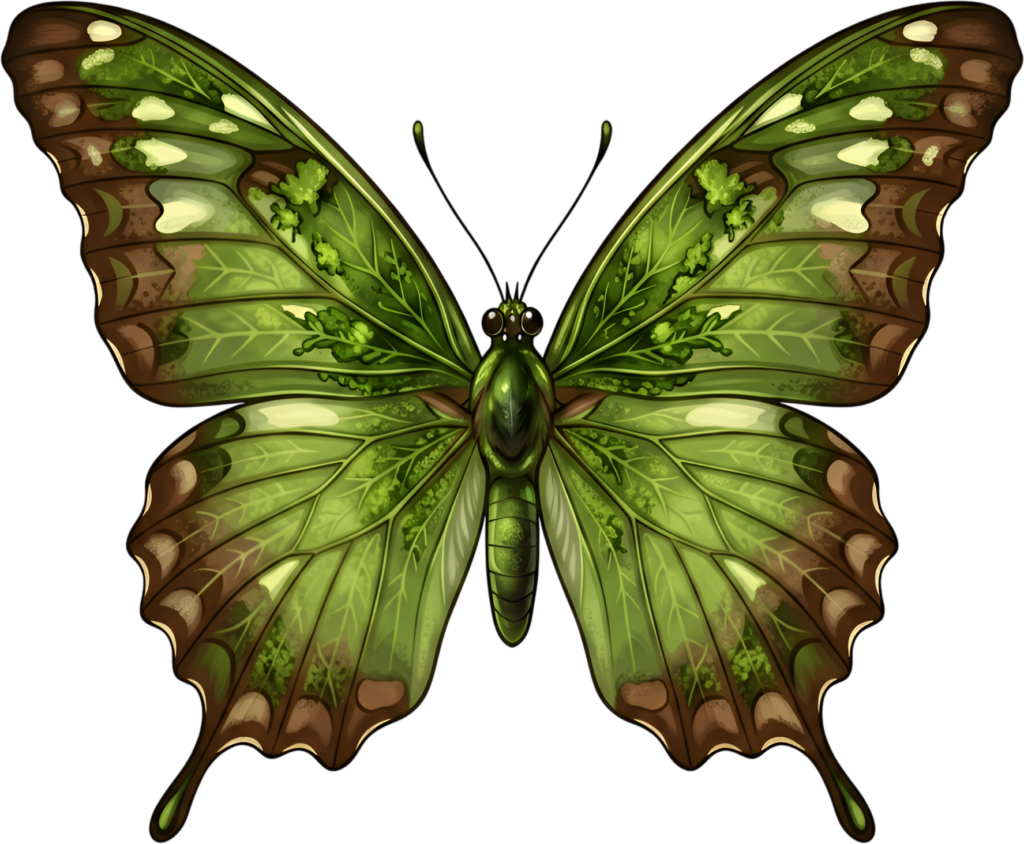 Woodland moss butterfly blends with lush green leaves and vines, a natural organic PNG clipart illustration,
