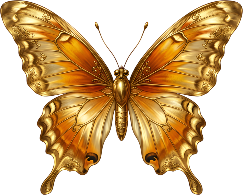 Opulent golden butterfly gleams with radiant metallic texture, a luxurious elegant PNG clipart image,