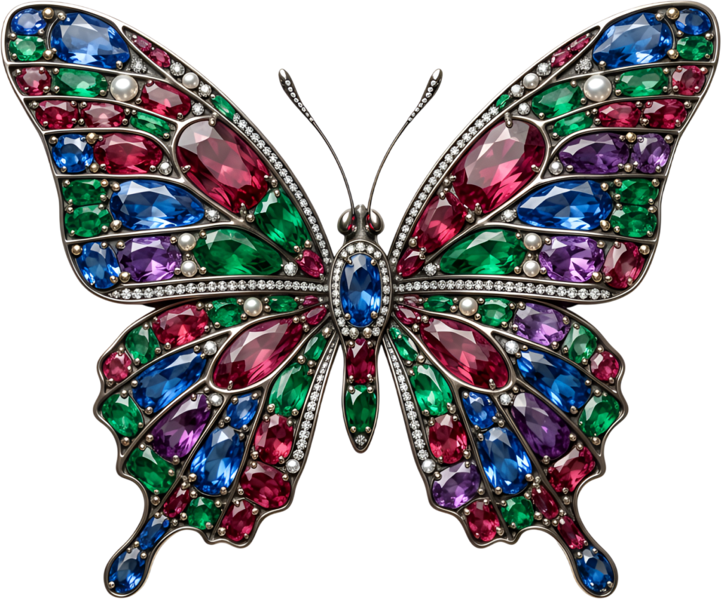 Majestic multi-gemstone butterfly features rubies, sapphires, emeralds, a dazzling royal PNG clipart graphic,