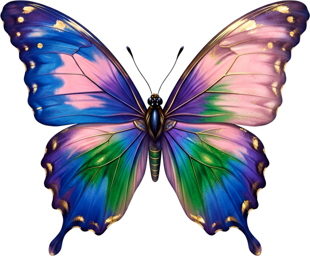 Vibrant split-color butterfly merges bold pink, blue, green sections, a modern abstract PNG clipart,