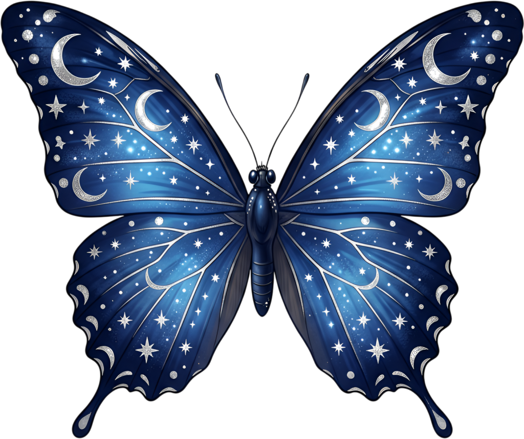 Mystical celestial butterfly illuminates with silvery moons and stars, a dreamy night sky PNG clipart asset,
