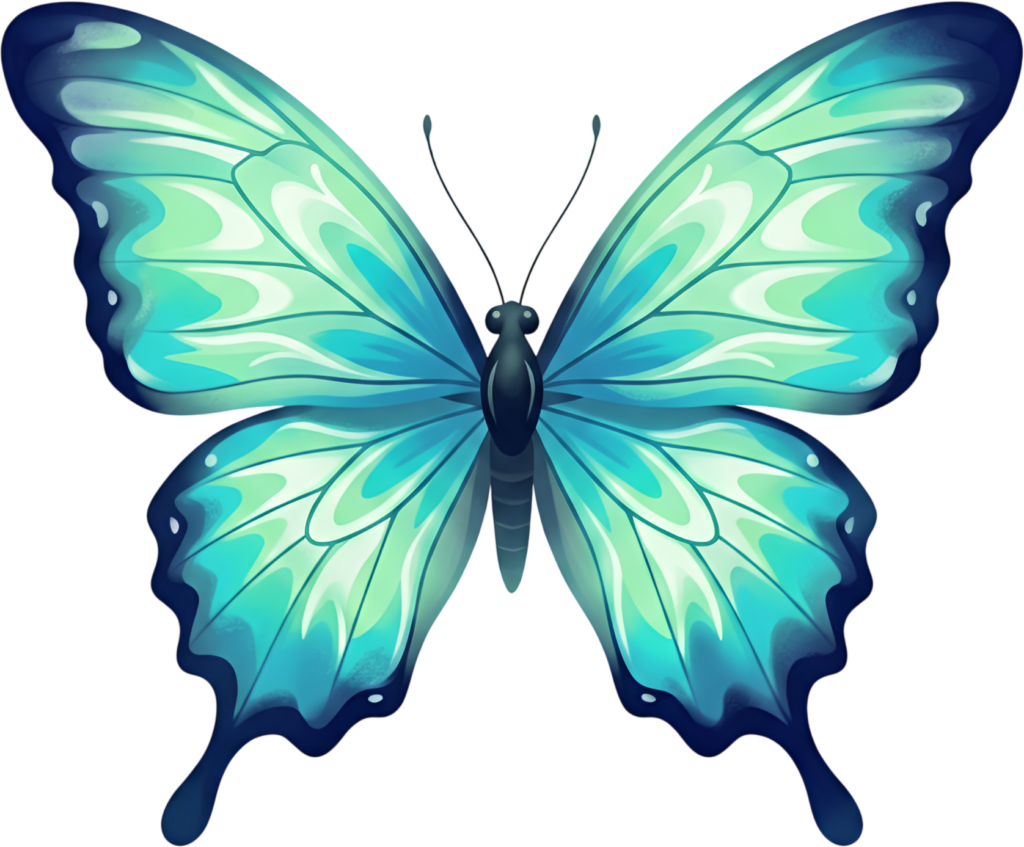Serene aqua butterfly flows with gentle layered watercolor effects, a tranquil artistic PNG clipart image,