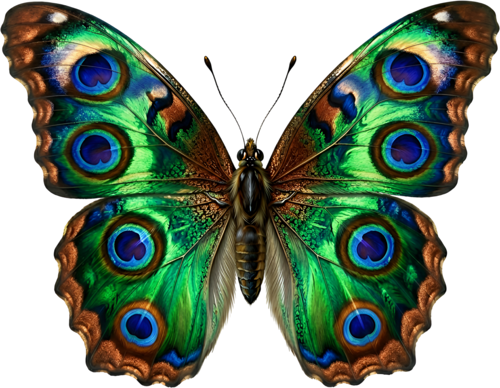 Exotic peacock butterfly features iridescent feather eye spots, a vibrant ornate PNG clipart illustration,