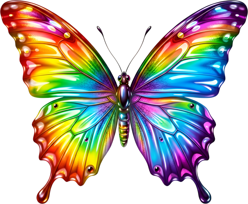 Cheerful rainbow butterfly bursts with bright gradient colors, a vibrant playful PNG clipart graphic,