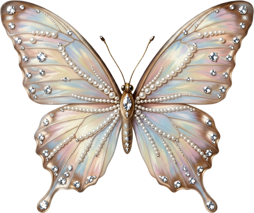 Elegant pearl butterfly is embellished with shimmering diamonds, a luxurious wedding PNG clipart asset,