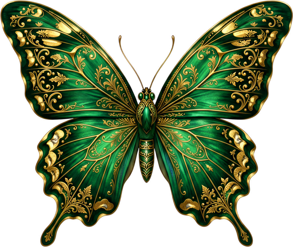 Regal emerald butterfly adorns exquisite gold scrollwork, a stunning decorative PNG clipart design,