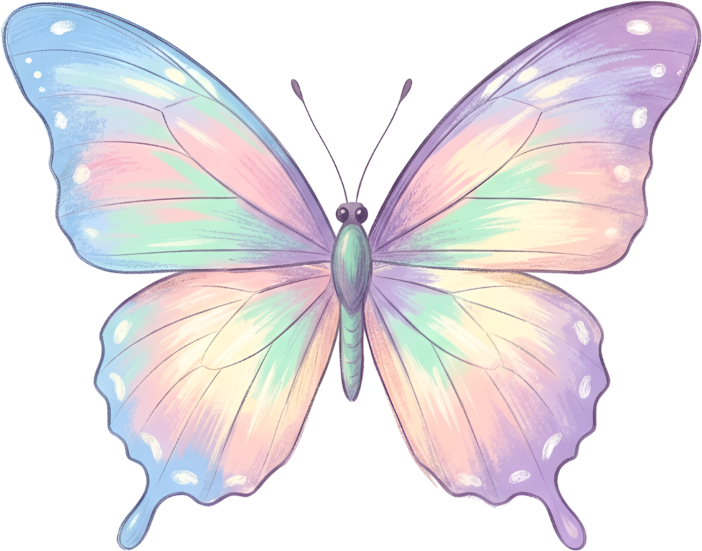 Gentle pastel butterfly drifts with soft gradient hues, an ethereal aesthetic PNG clipart illustration,