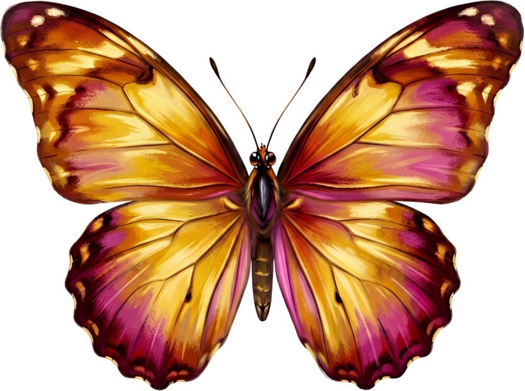 Vibrant sunset butterfly glows with warm orange and magenta hues, an exotic artistic PNG clipart graphic,