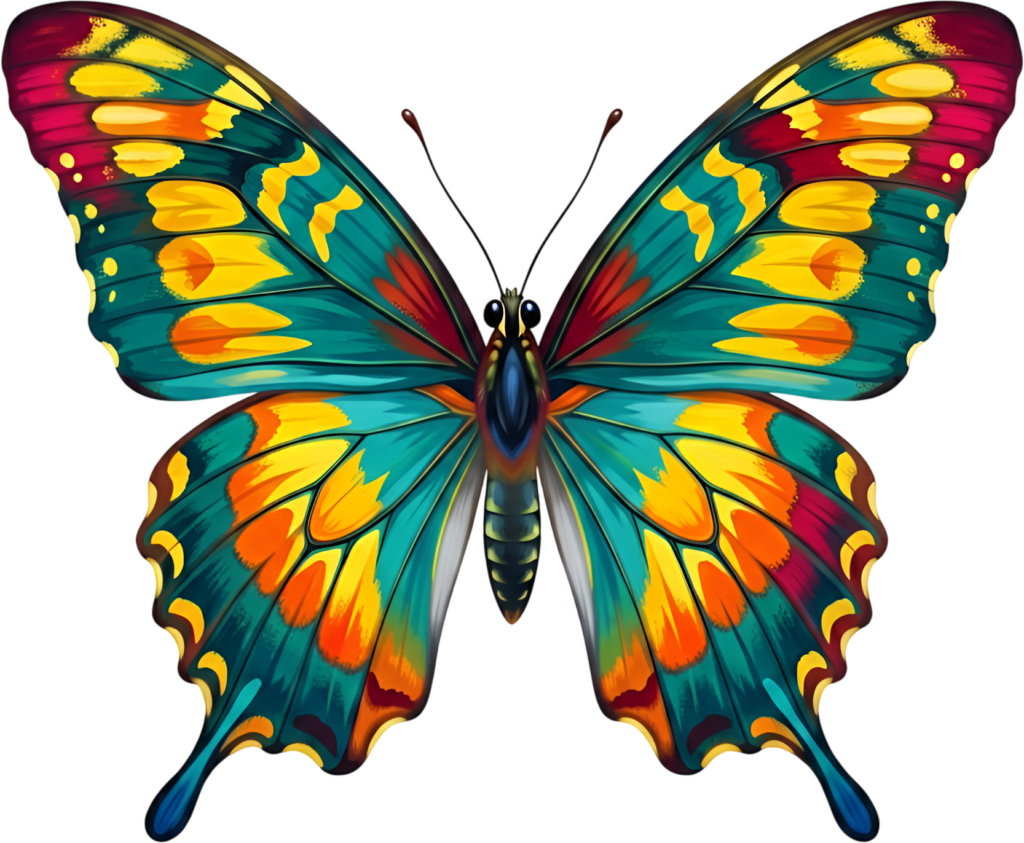 Tropical vibrant butterfly showcases bold teal, orange, yellow patterns, a lively exotic PNG clipart,
