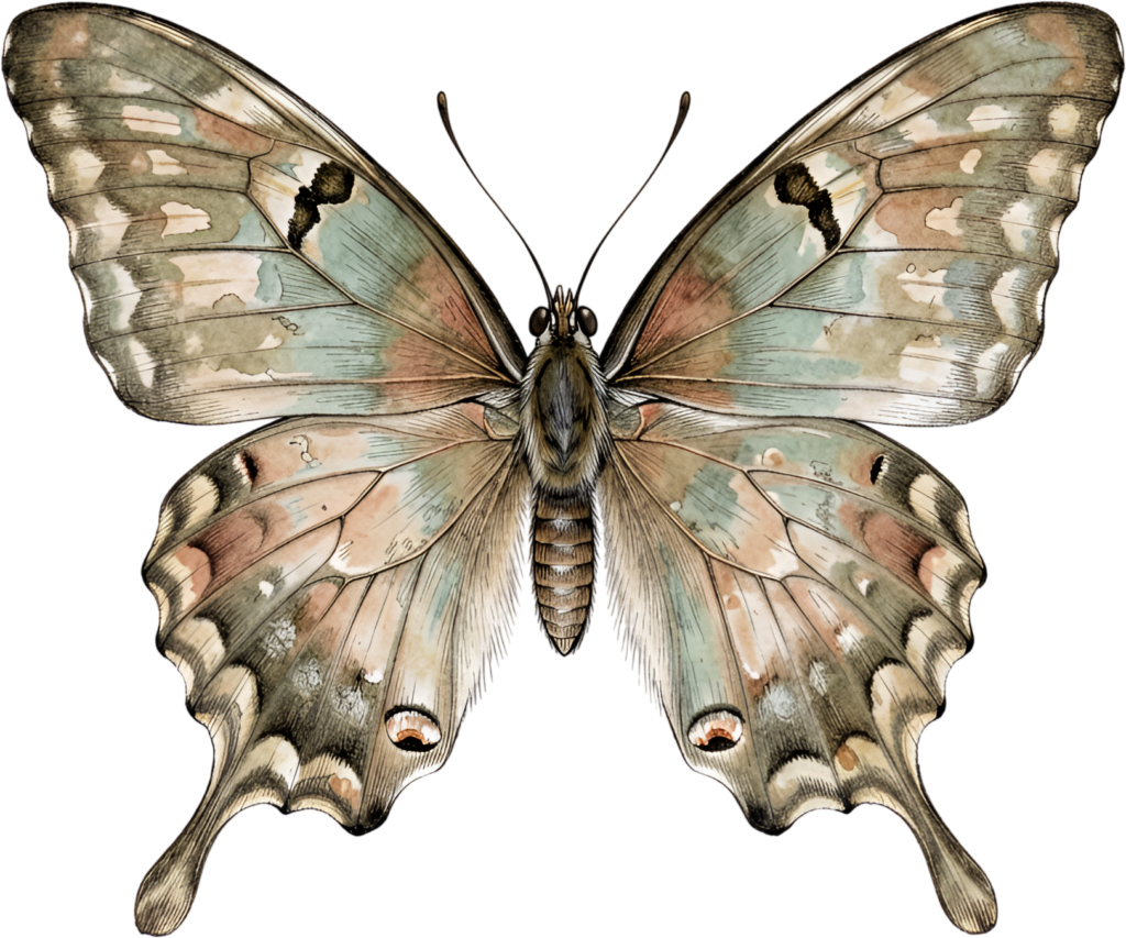 Antique watercolor butterfly presents muted earthy tones and soft contours, a vintage nature PNG clipart,