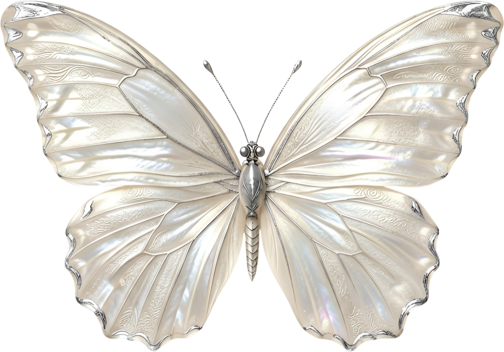 Elegant mother-of-pearl butterfly shimmers with iridescent white and silver, a luxurious precious PNG clipart,