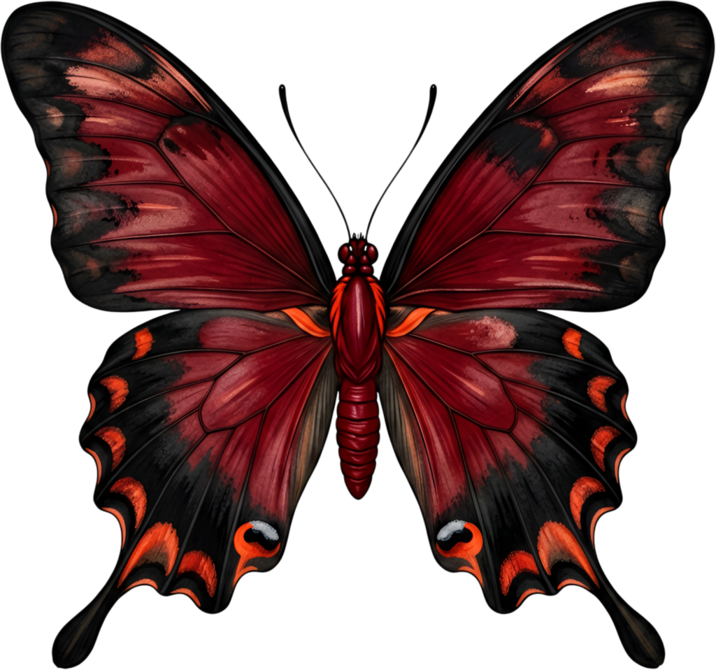 Dramatic Red and Black Butterfly, a bold PNG for captivating clipart, passionate themes, and striking digital design compositions