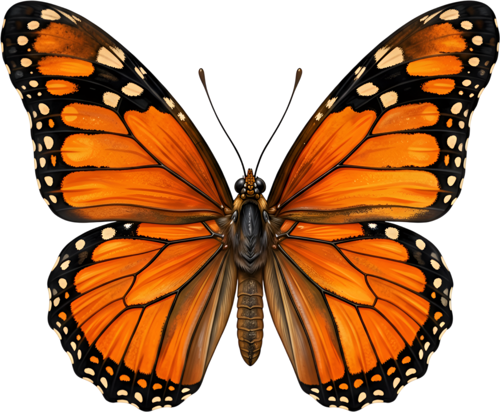 Classic Orange Monarch Butterfly, an iconic PNG for popular clipart, educational visuals, and charming summer-themed crafts